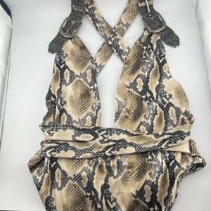 3/$20 Snake Print Halter bodysuit w/ Buckle Detail